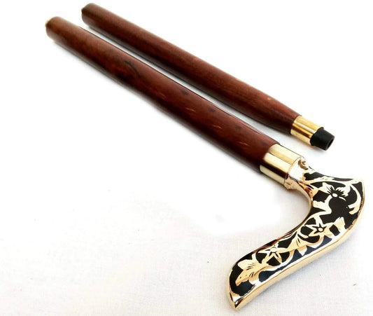 Brass Handle Wooden Walking Stick Cane 2 Fold - ArtyCraftz.com