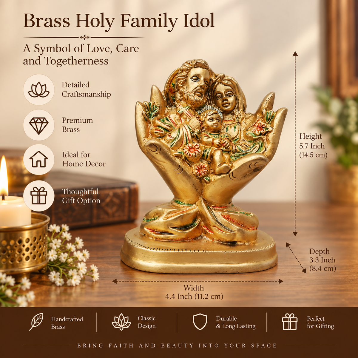 Brass Holy Family in Welcoming Palms Tabletop Figurine 5.7 inches-artycraftz.com