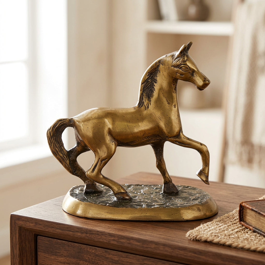 Brass Horse Figurine with Antique Gold-Tone Finish and Textured Base-artycraftz.com