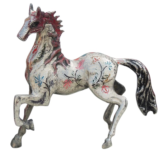 Brass Horse Statue with White Finish and Colorful Floral Patterns, 11 Inch-artycraftz.com