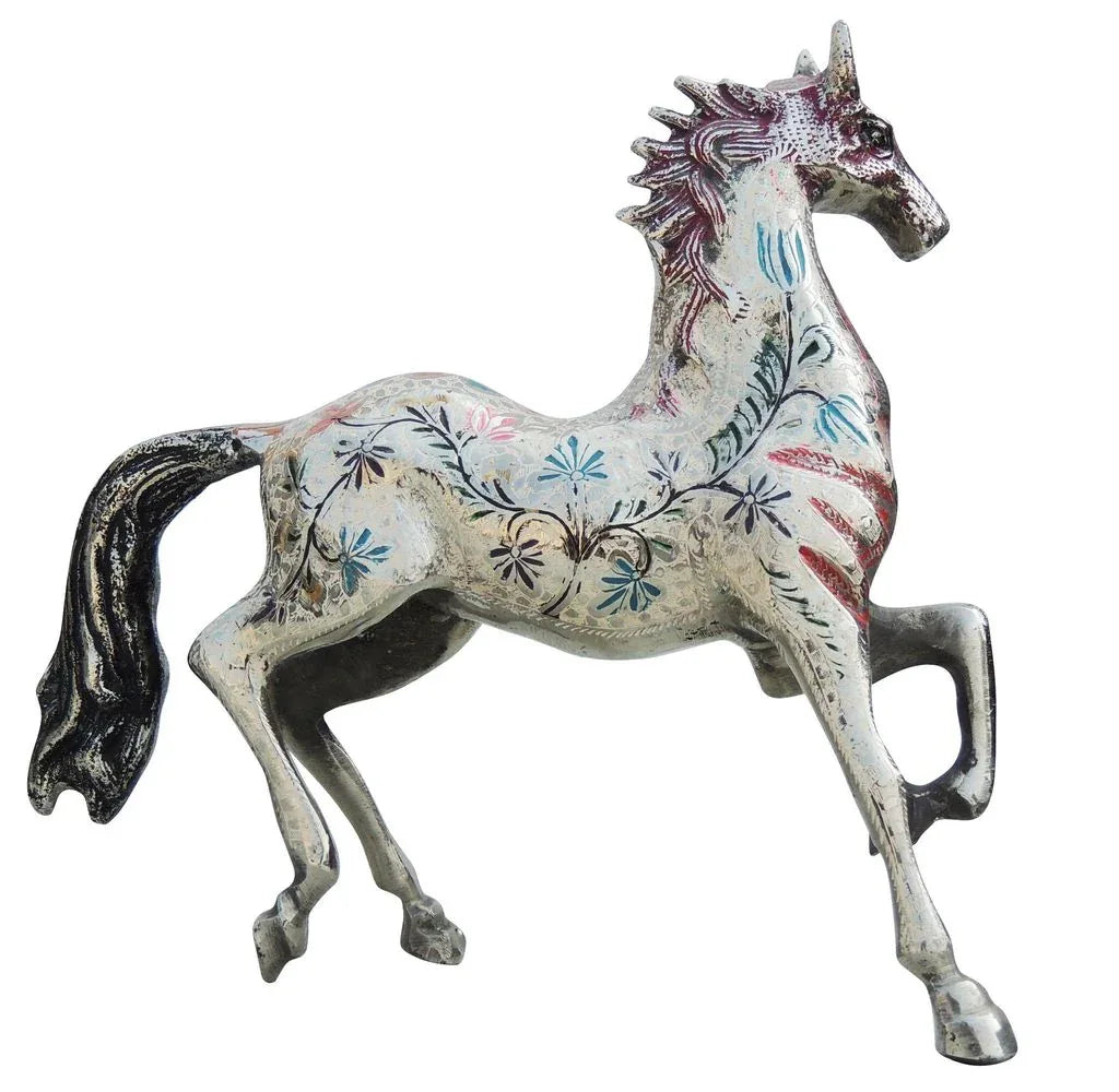 Brass Horse Statue with White Finish and Colorful Floral Patterns, 11 Inch-artycraftz.com