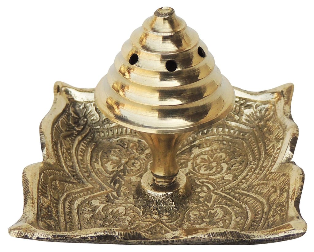Brass Incense Burner with Decorative Tray for Pooja Room Decor Close View-ArtyCraftz.com