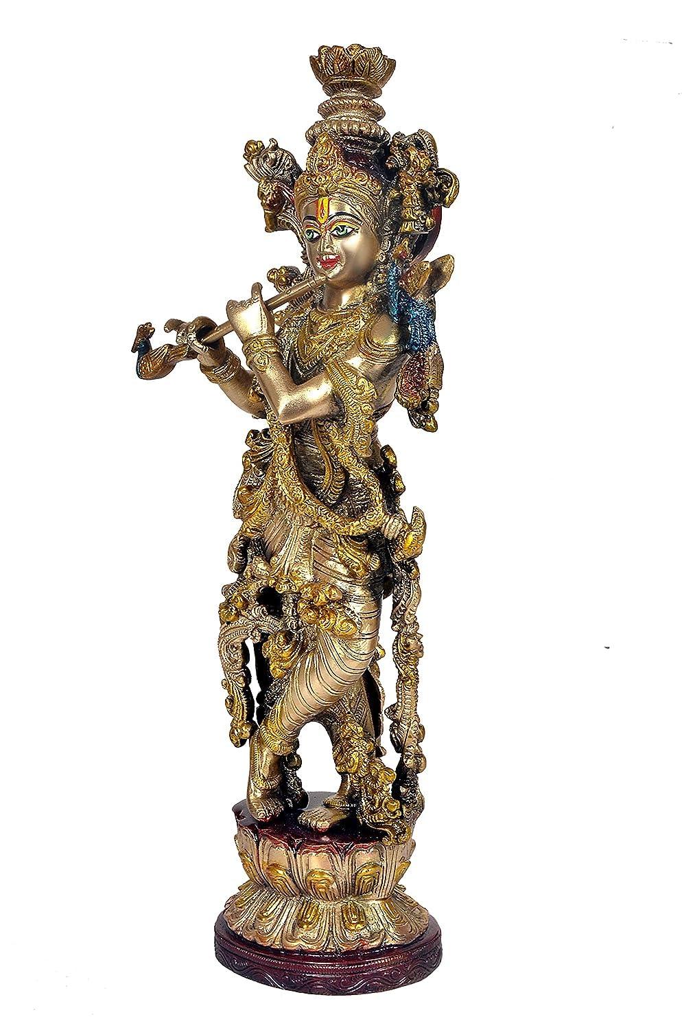 Brass Krishna 14 Inches Statue with Beautiful Carving and Fineness - ArtyCraftz.com