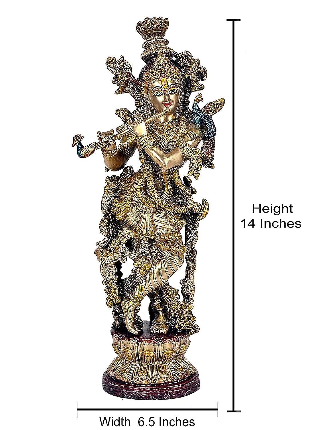 Brass Krishna 14 Inches Statue with Beautiful Carving and Fineness - ArtyCraftz.com