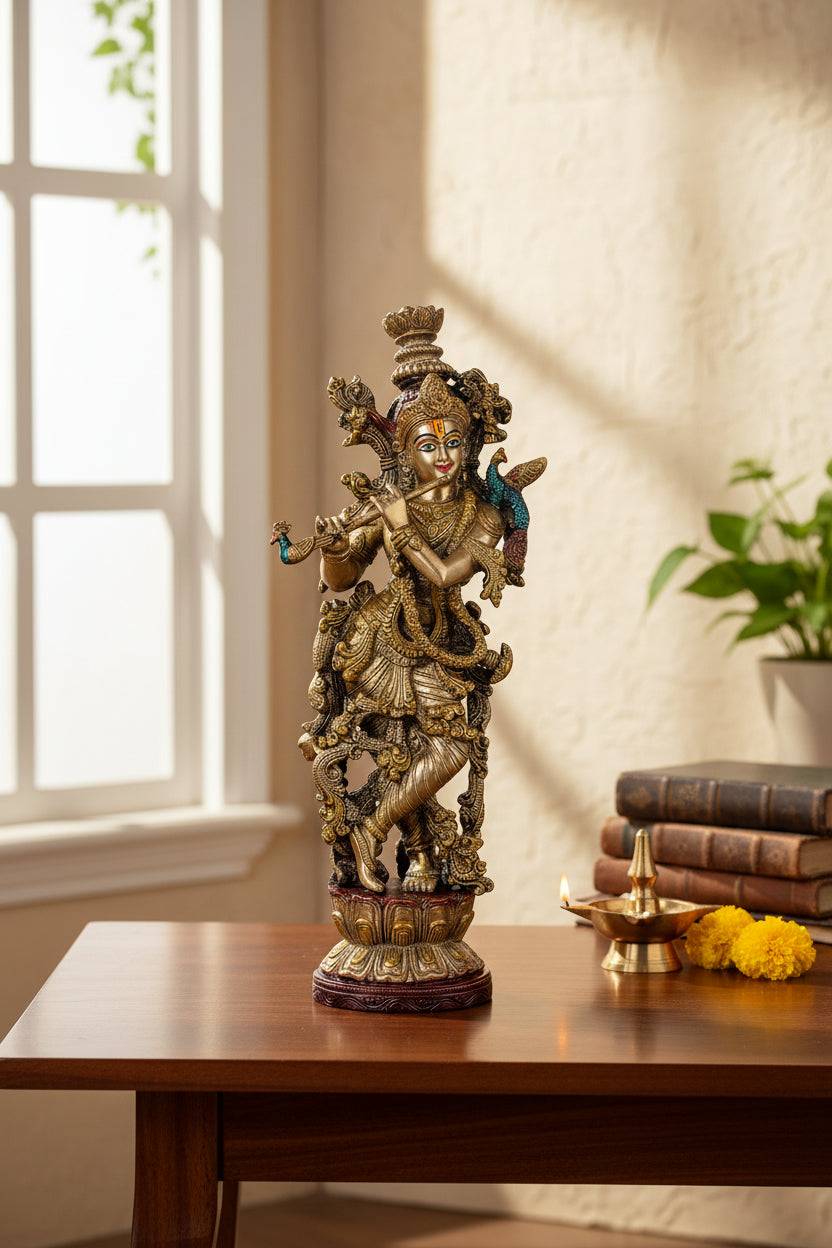 Brass Krishna 14 Inches Statue with Beautiful Carving and Fineness - ArtyCraftz.com