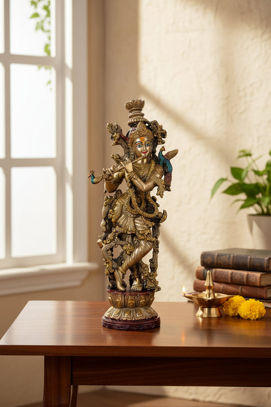 Brass Krishna 14 Inches Statue with Beautiful Carving and Fineness - ArtyCraftz.com