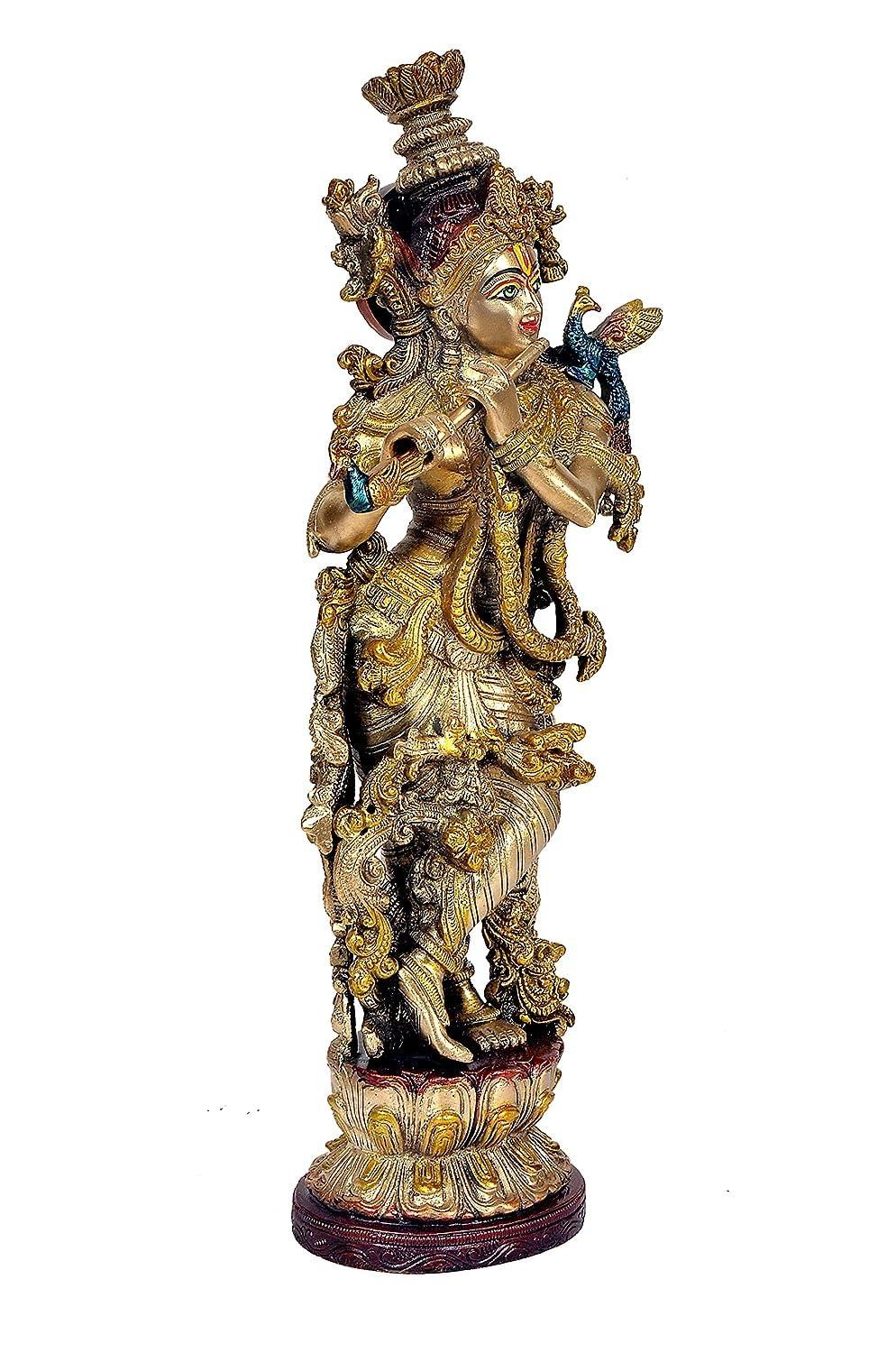 Brass Krishna 14 Inches Statue with Beautiful Carving and Fineness - ArtyCraftz.com