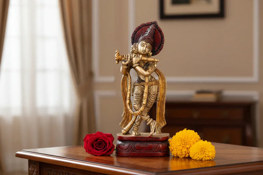 Brass Krishna Flute Statue – Lord Krishna Idol for Home & Pooja (8 Inches)-ArtyCraftz.com