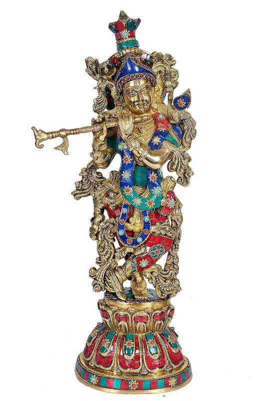 Brass Krishna Idol 18 Inch with Turquoise Coral Stone Inlay - Handcrafted Murlidhar Flute Krishna Statue 9.16 Kg-ArtyCraftz.com