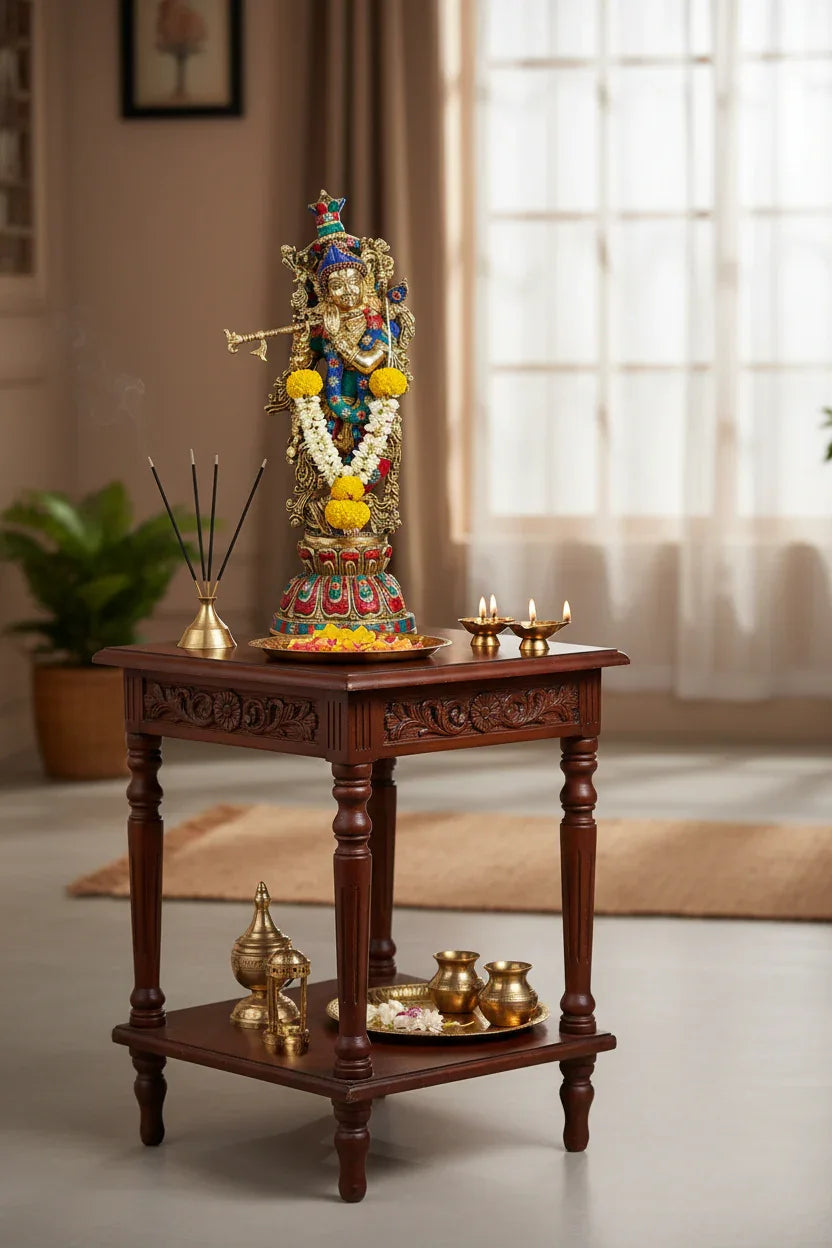 Brass Krishna Idol 18 Inch with Turquoise Coral Stone Inlay - Handcrafted Murlidhar Flute Krishna Statue 9.16 Kg-ArtyCraftz.com