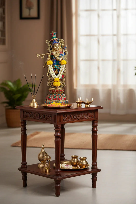 Brass Krishna Idol 18 Inch with Turquoise Coral Stone Inlay - Handcrafted Murlidhar Flute Krishna Statue 9.16 Kg-ArtyCraftz.com