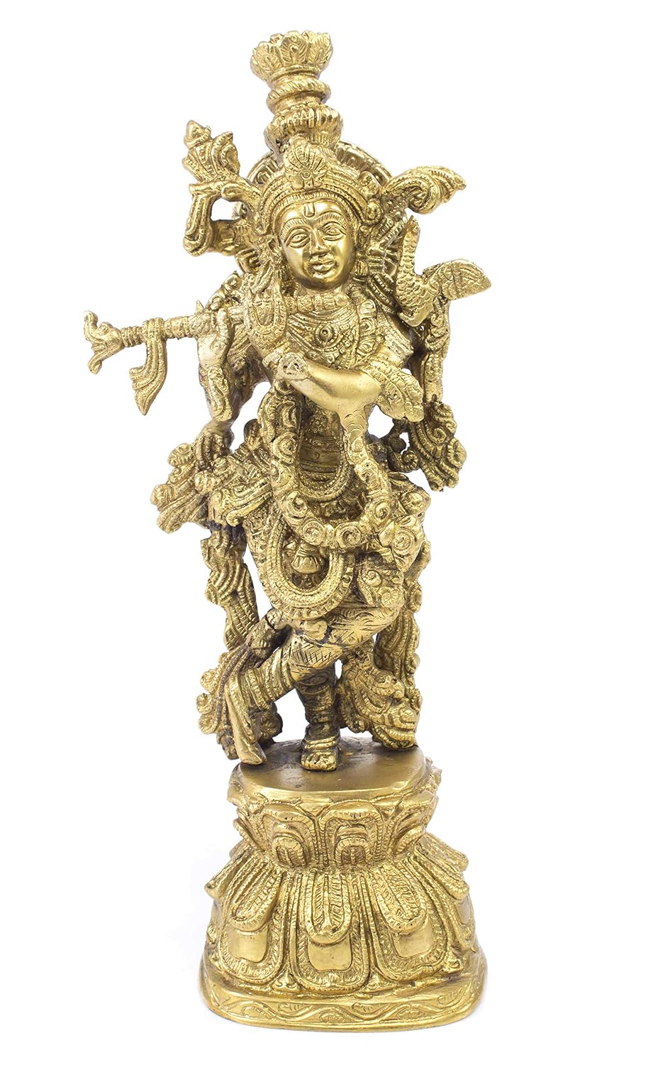 Brass Krishna Playing Flute Statue on Lotus Base 13 Inches - ArtyCraftz.com