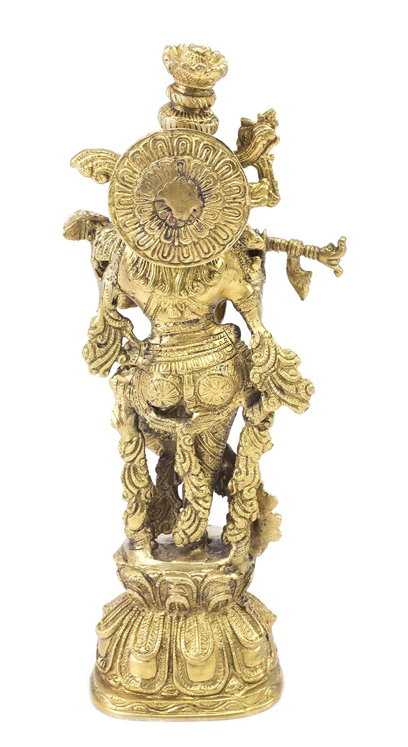 Brass Krishna Playing Flute Statue on Lotus Base 13 Inches - ArtyCraftz.com