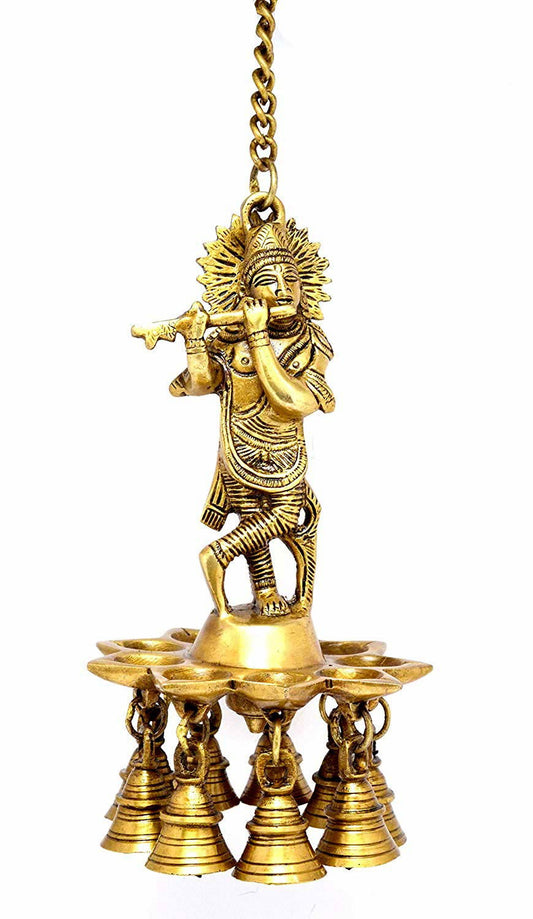 Brass Krishna Statue Hanging Diya 8.5 Inches Height - ArtyCraftz.com