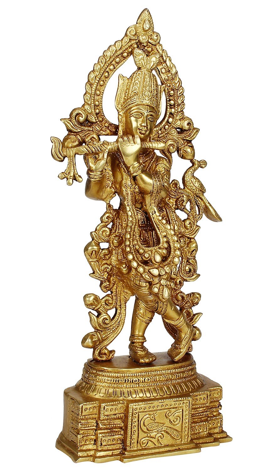 Brass Krishna Statue with Ornate Arch -35 cm Decorative Metal Sculpture Left View-ArtyCraftz.com