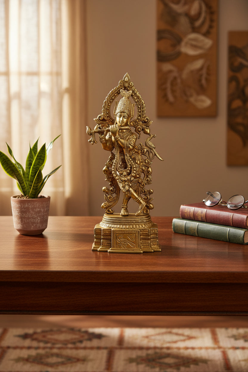 Brass Krishna Statue with Ornate Arch -35 cm Decorative Metal Sculpture-ArtyCraftz.com
