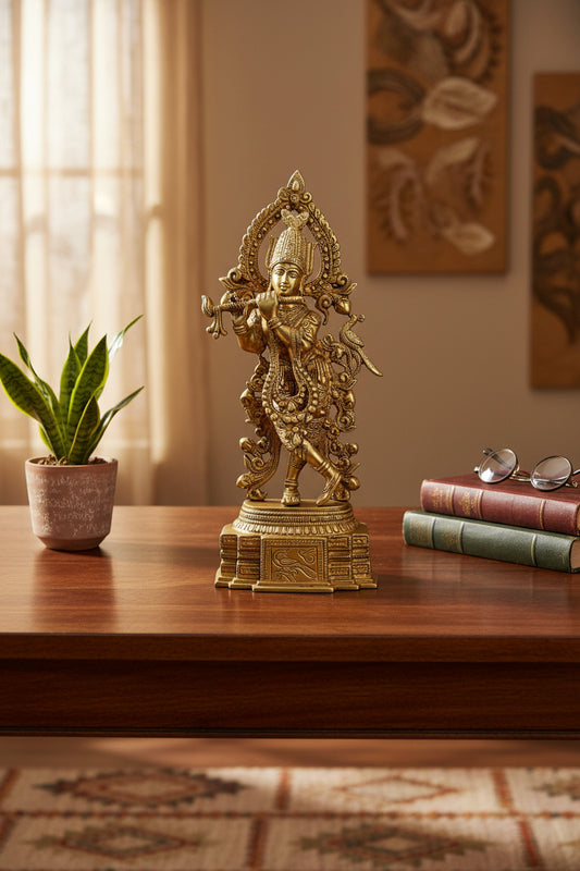 Brass Krishna Statue with Ornate Arch -35 cm Decorative Metal Sculpture-ArtyCraftz.com