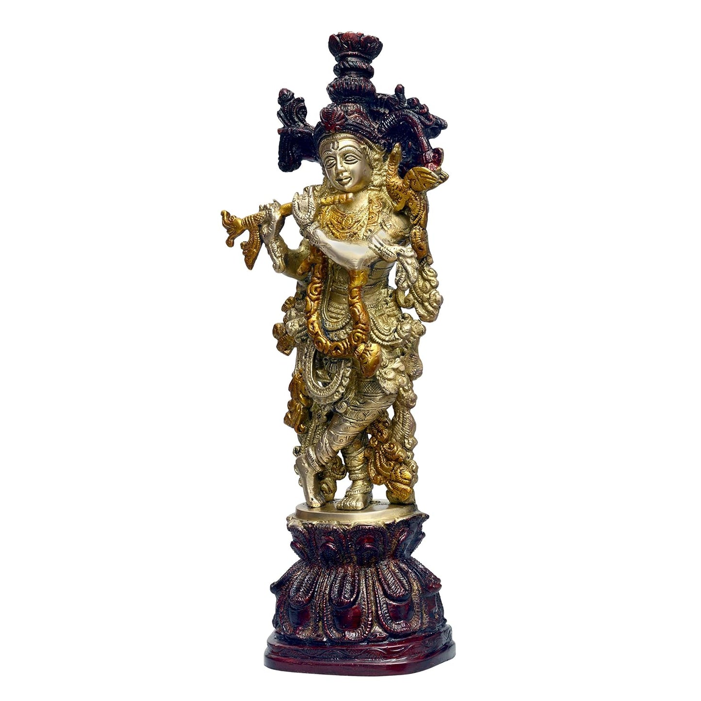 Brass Krishna Statue with Wooden Finish Base - ArtyCraftz.com