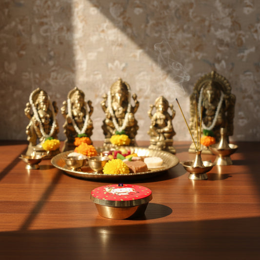 Brass Kumkum Box with Pichwai Art Print-ArtyCraftz.com