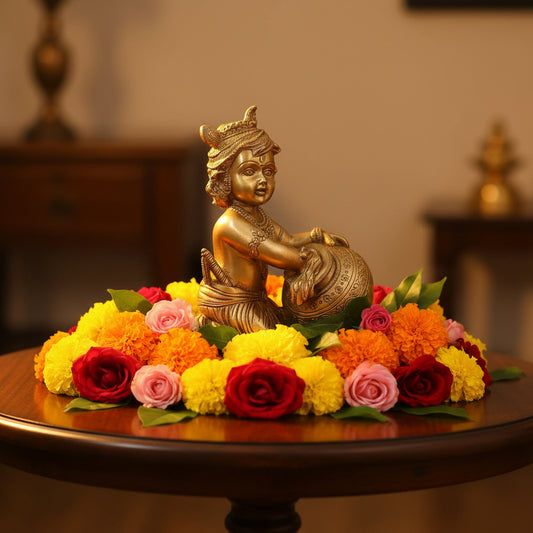 Brass Bal Krishna with Matki Statue 6.5 inches - ArtyCraftz.com