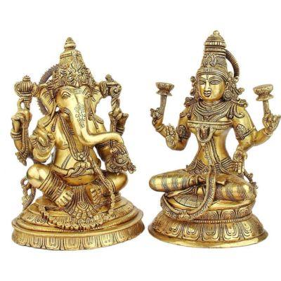 Brass Lakshmi Ganesha Idol Pair — 10 Inch Handcrafted South Indian Temple Style Matched Set | 8 kg | Premium Diwali & Pooja Room