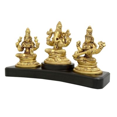 Brass Lakshmi Ganesha Saraswati Sitting on a Wooden Base-ArtyCraftz.com
