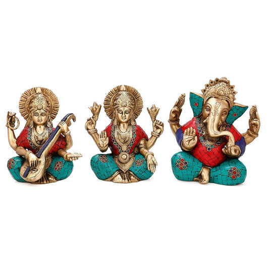 Brass Multi Color Lakshmi, Ganesha and Saraswati Statues for Gifting