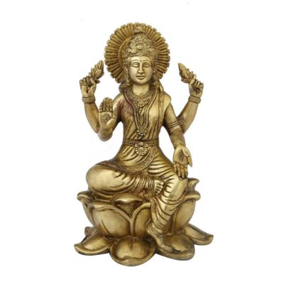 Brass Lakshmi Sitting on Lotus Flower Base Statue