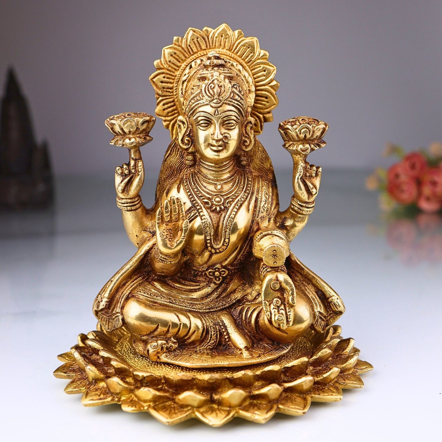 Brass Lakshmi on Lotus Base Statue-ArtyCraftz.com