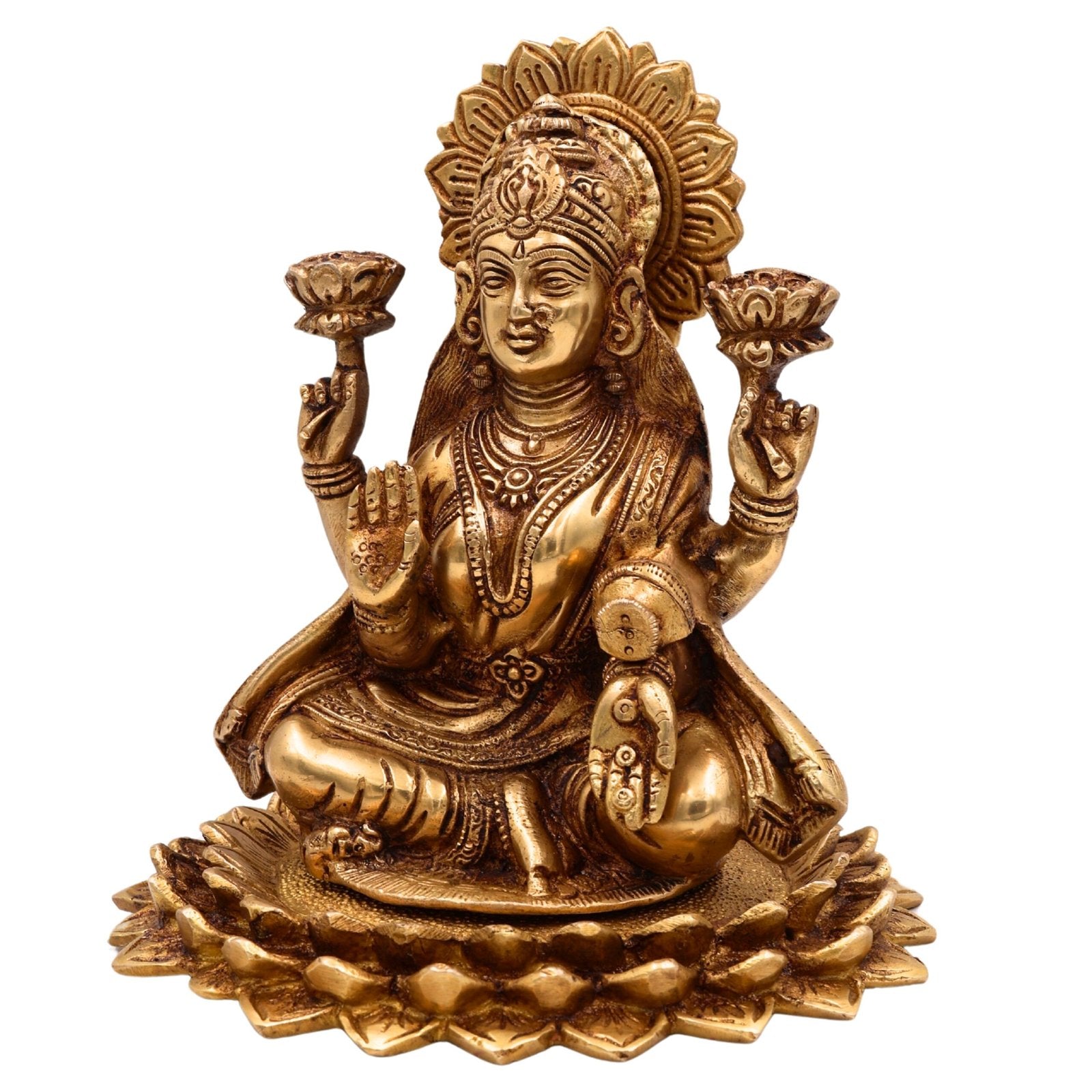 Brass Lakshmi on Lotus Base Statue-ArtyCraftz.com
