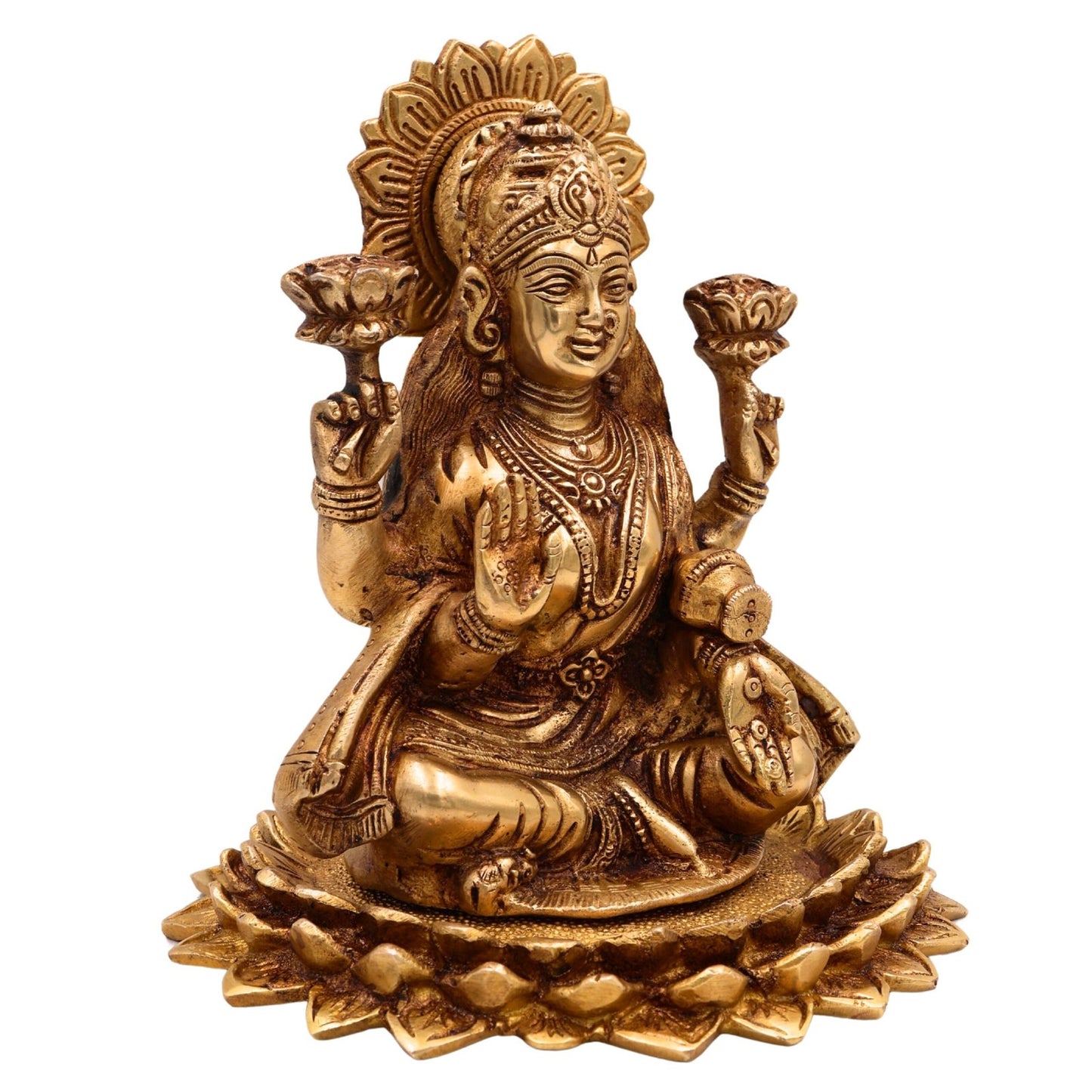 Brass Lakshmi on Lotus Base Statue-ArtyCraftz.com