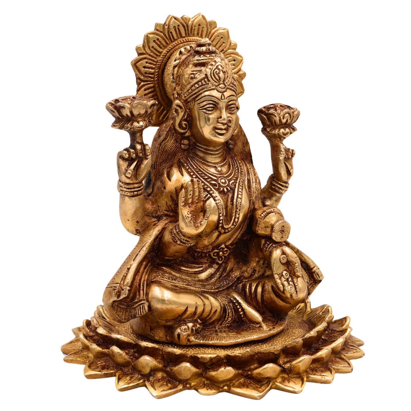 Brass Lakshmi on Lotus Base Statue-ArtyCraftz.com