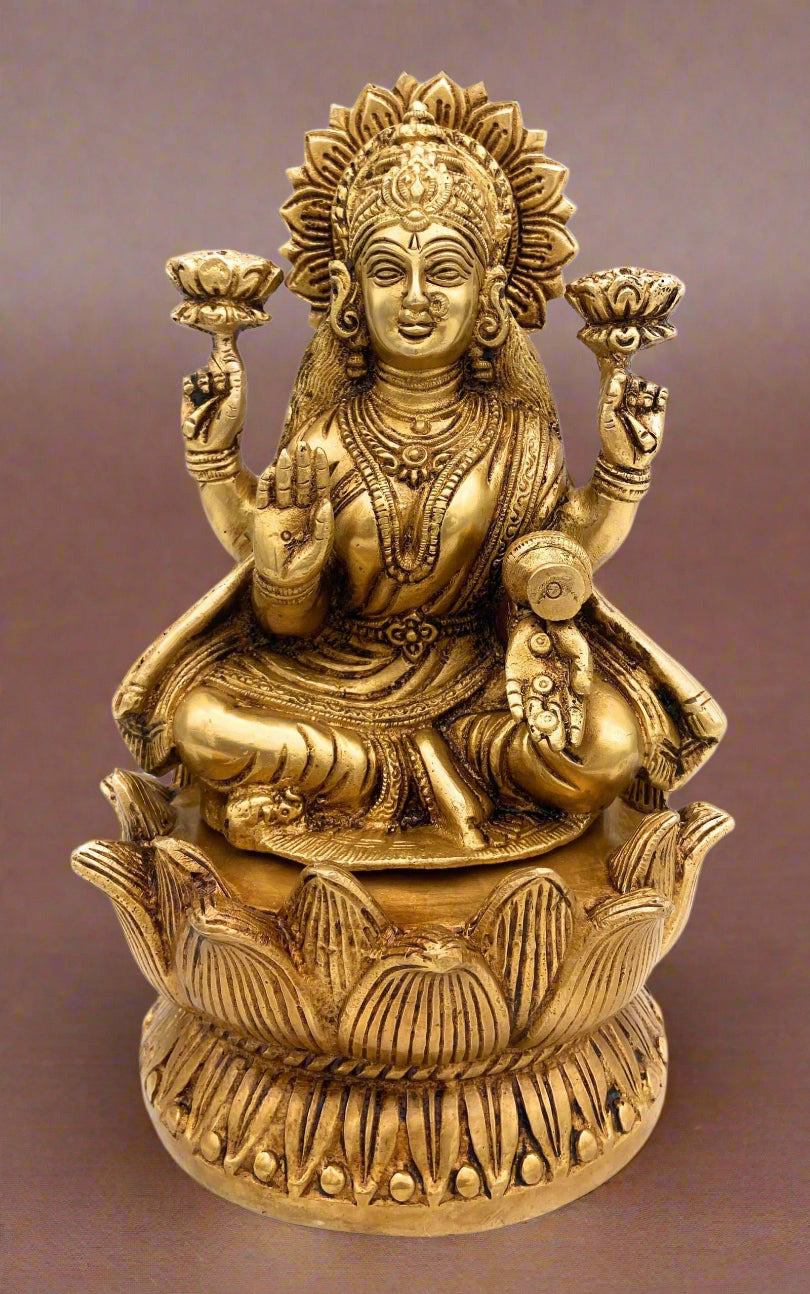 Brass Lakshmi on Lotus Petals Peedam Statue-ArtyCraftz.com
