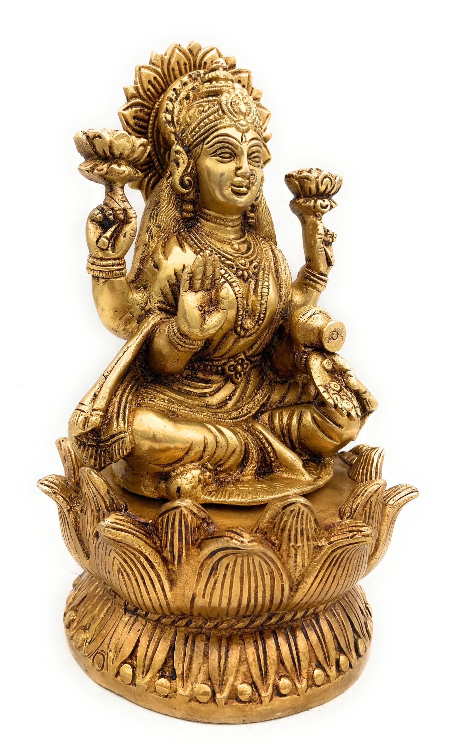 Brass Lakshmi on Lotus Petals Peedam Statue-ArtyCraftz.com