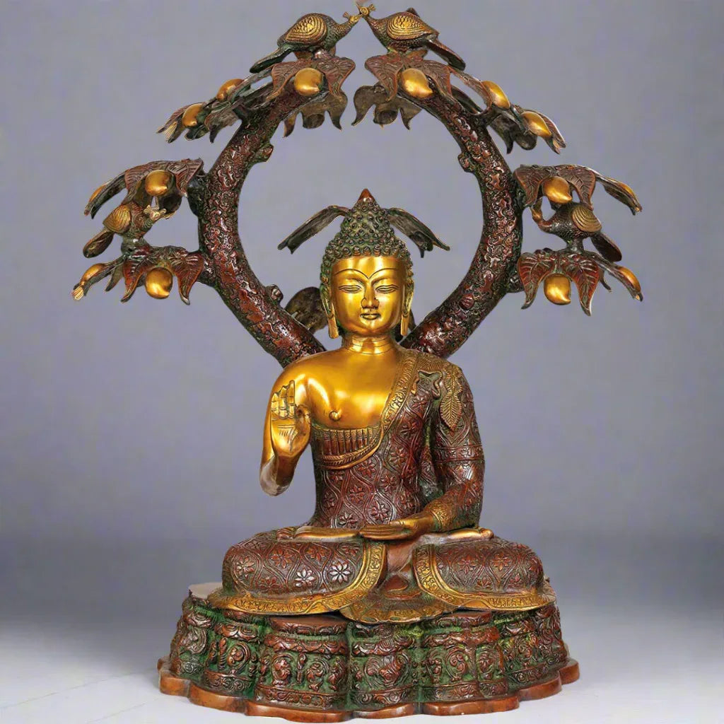 Brass Large Abhaya Buddha Under Mango Groves, Height 28.5" - ArtyCraftz.com