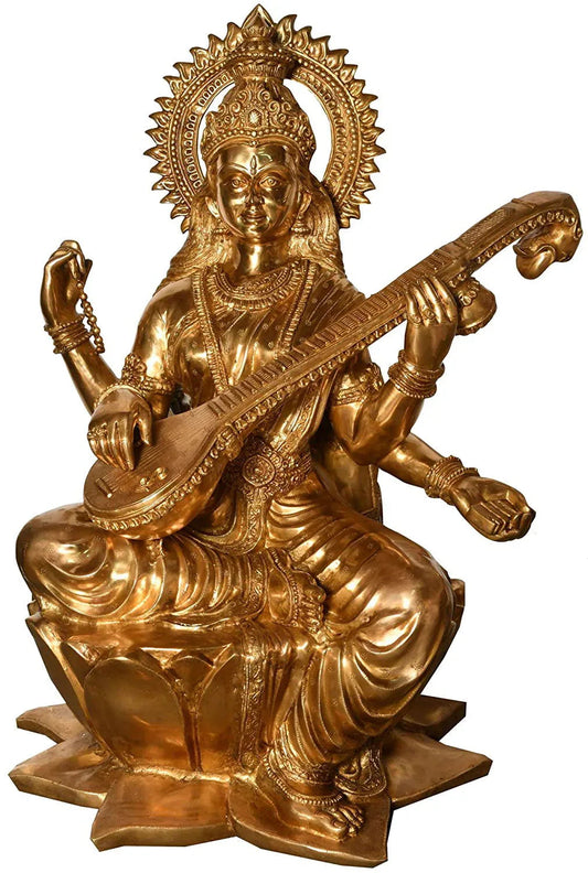 Brass Large Goddess Saraswati on Lotus Statue, Height 52" - ArtyCraftz.com