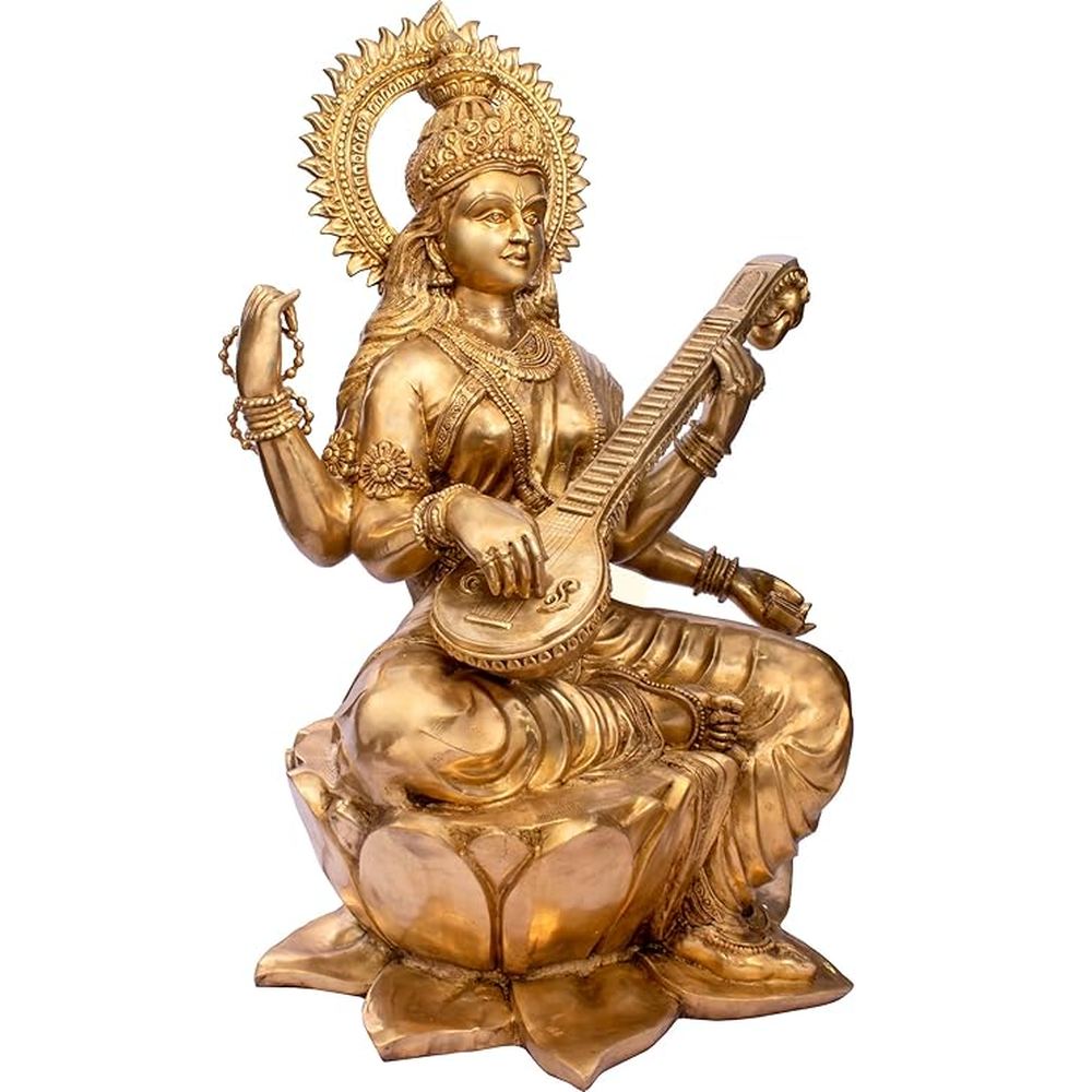Brass Large Goddess Saraswati on Lotus Statue Side View