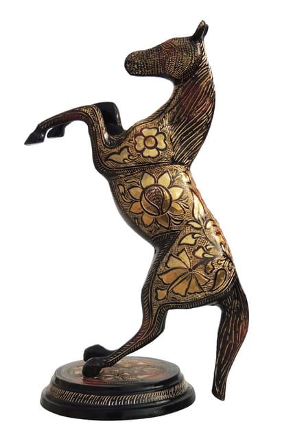 Brass Leaping Horse Statue with Floral Engravings and Gold-Tone Finish, 14.5 Inch-artycraftz.com