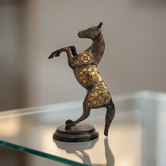 Brass Leaping Horse Statue with Floral Engravings and Gold-Tone Finish, 14.5 Inch-artycraftz.com