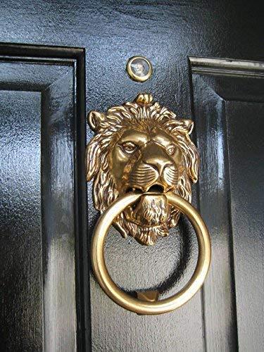 Gold lion head door knocker on a dark wooden door