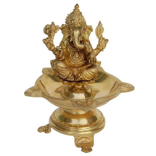 Brass Lord Ganesha Oil Diya Brass Ganesha Oil Lamp Deepak 6 Wicks - ArtyCraftz.com