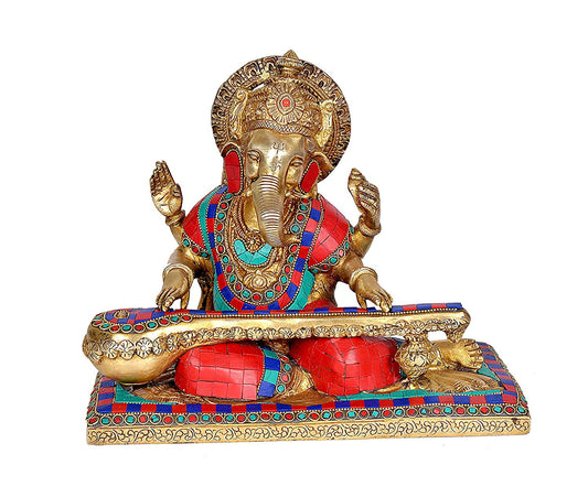 Brass Lord Ganesha Playing with Sitar Idol Figurine Showpiece Home Decor Home Entrance Living Room Gift Item Multicolour Height 11 Inches - ArtyCraftz.com