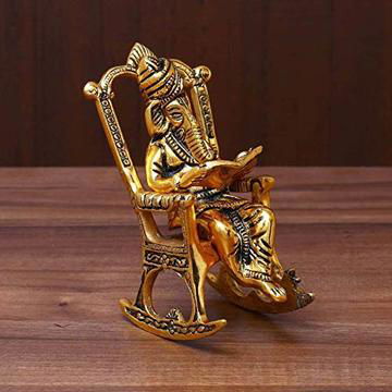 Brass Lord Ganesha Statue Sitting on A Chair and Reading Book - ArtyCraftz.com