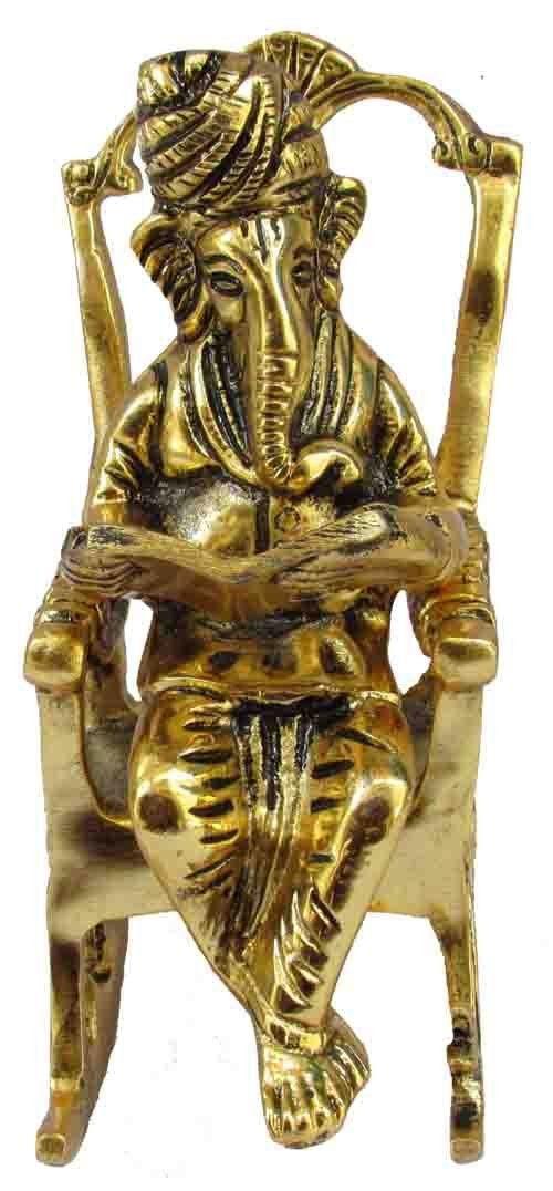 Brass Lord Ganesha Statue Sitting on A Chair and Reading Book - ArtyCraftz.com