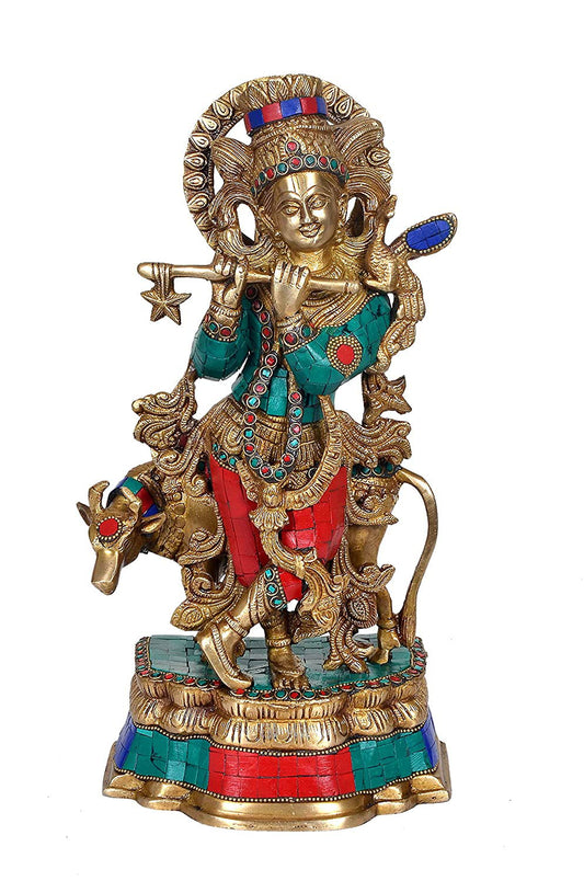 Brass Lord Krishna with Cow Idol Figurine Murti for Home Temple Mandir, Height 13 Inches - ArtyCraftz.com
