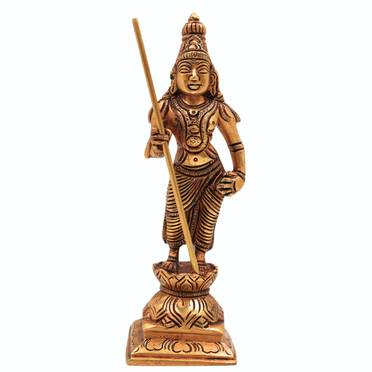 Brass Lord Murugan standing figurine holding Vel on a carved decorative pedestal, 15 cm tall.-artycraftz.com