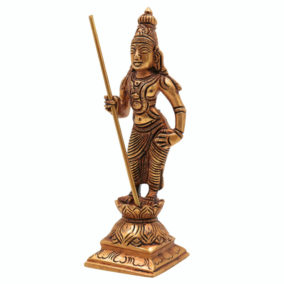 Brass Lord Murugan standing figurine holding Vel on a carved decorative pedestal, 15 cm tall.-artycraftz.com