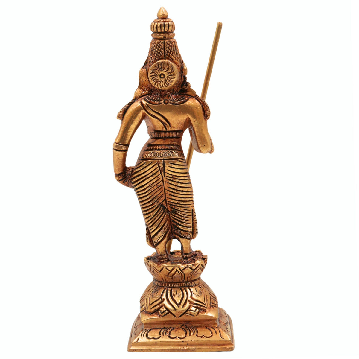 Brass Lord Murugan standing figurine holding Vel on a carved decorative pedestal, 15 cm tall.-artycraftz.com