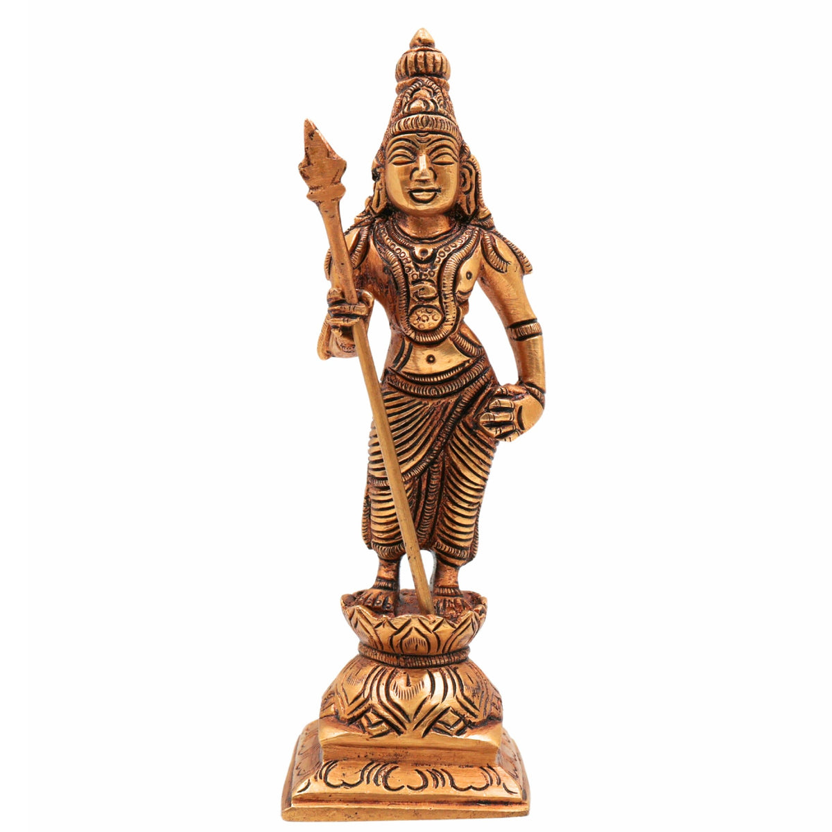 Brass Lord Murugan standing idol holding Vel with intricate traditional detailing and decorative pedestal.-artycraftz.com