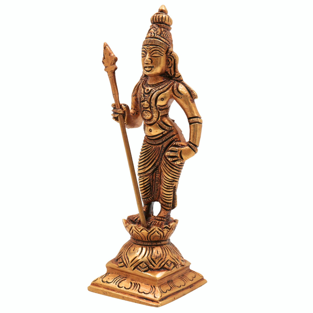 Brass Lord Murugan standing idol holding Vel with intricate traditional detailing and decorative pedestal.-artycraftz.com